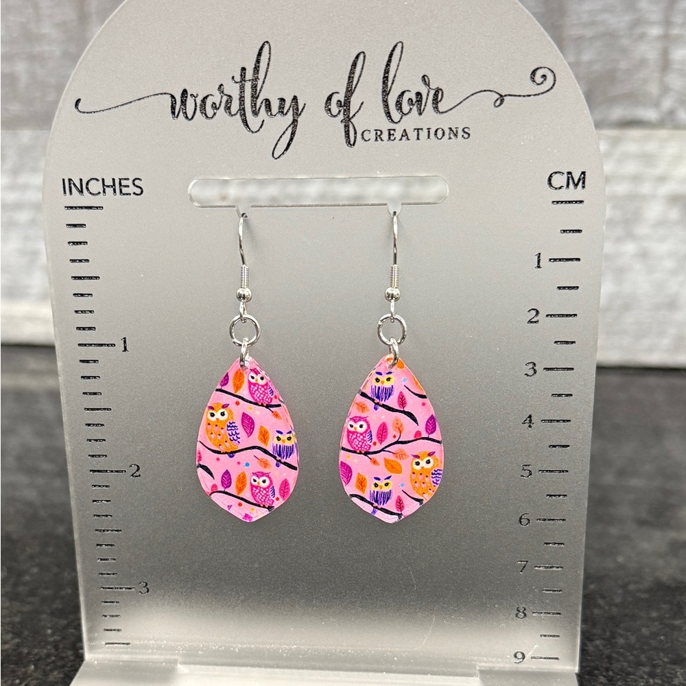 Autumn Owl Earrings, Pink and Purple, Stainless Steel & Acrylic